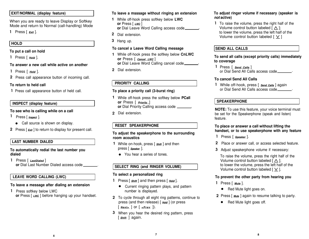 AT&T 6434 manual Hold, Last Number Dialed, Leave Word Calling LWC, Priority Calling, Reset Speakerphone, Send ALL Calls 