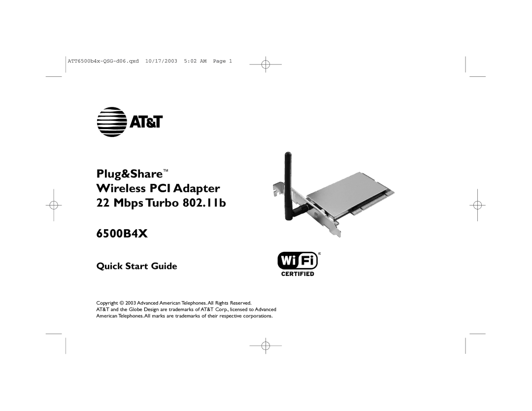 AT&T quick start Plug&Share Wireless PCI Adapter Mbps Turbo 802.11b 6500B4X 