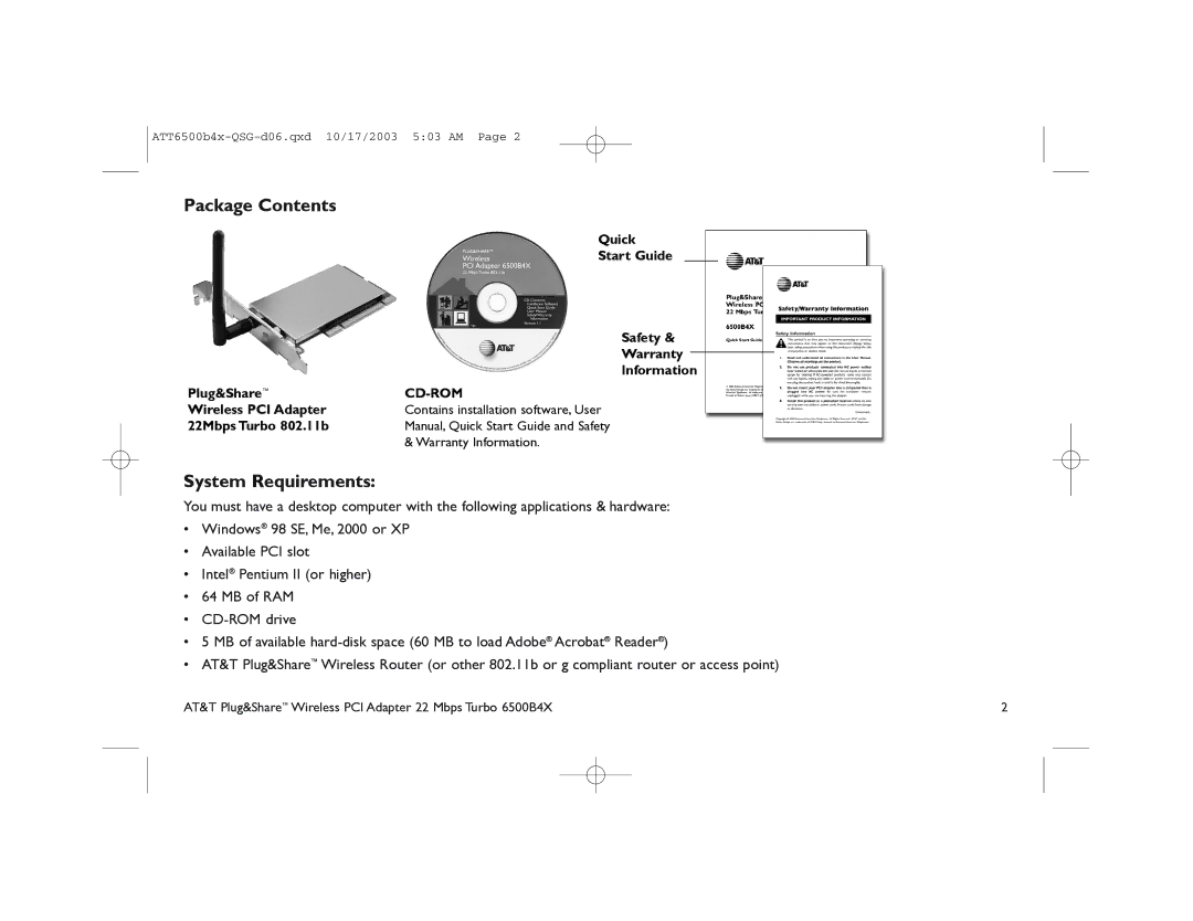 AT&T 6500B4X quick start Package Contents, System Requirements 