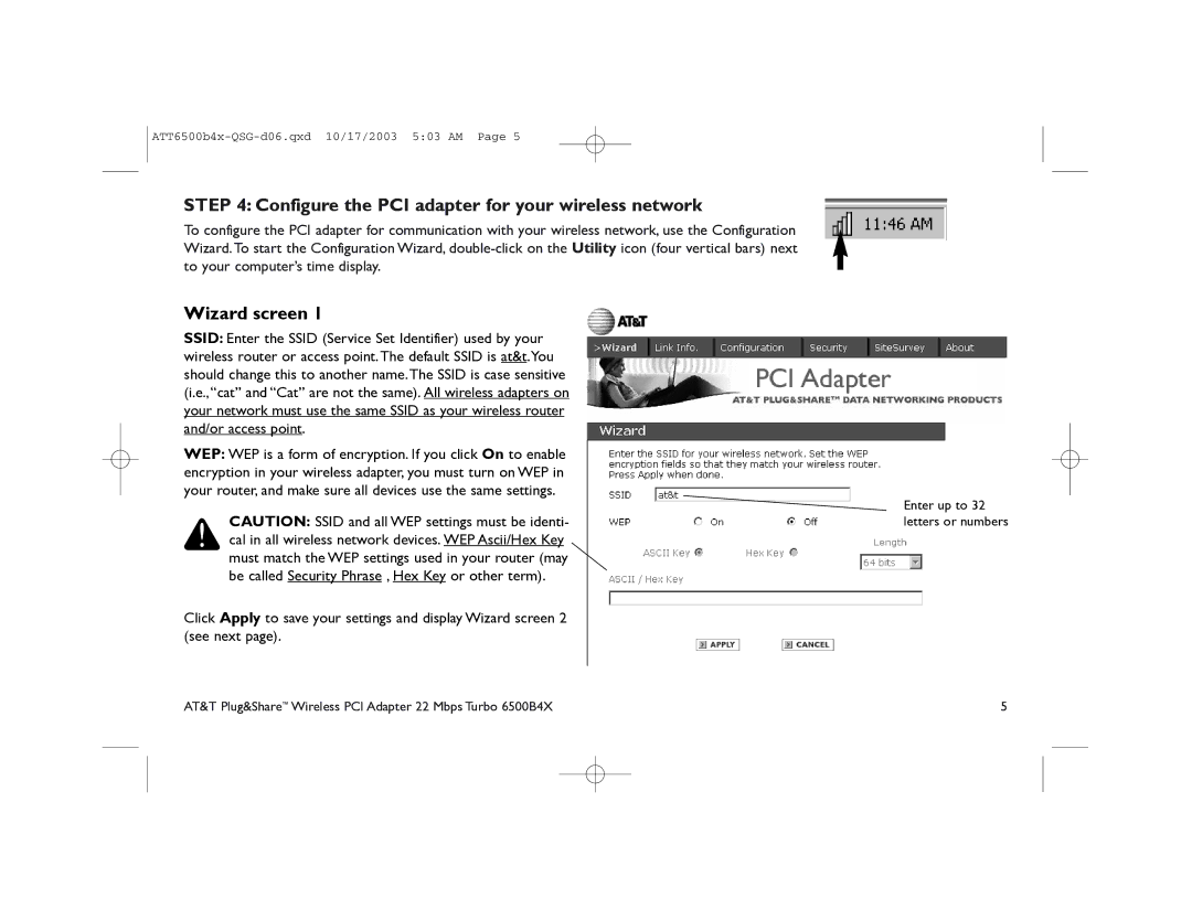 AT&T 6500B4X quick start Configure the PCI adapter for your wireless network, Wizard screen 