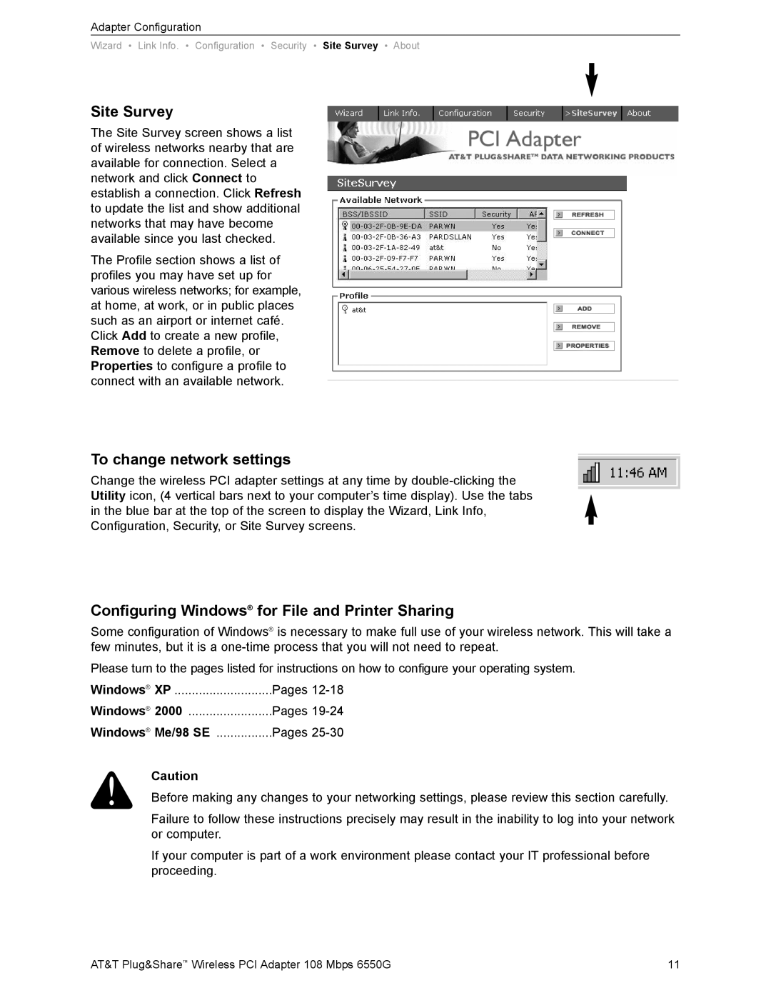 AT&T 6550G Site Survey, To change network settings, Configuring Windows for File and Printer Sharing, Windows Me/98 SE 