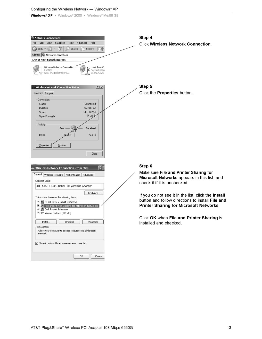 AT&T 6550G user manual Step Click Wireless Network Connection 