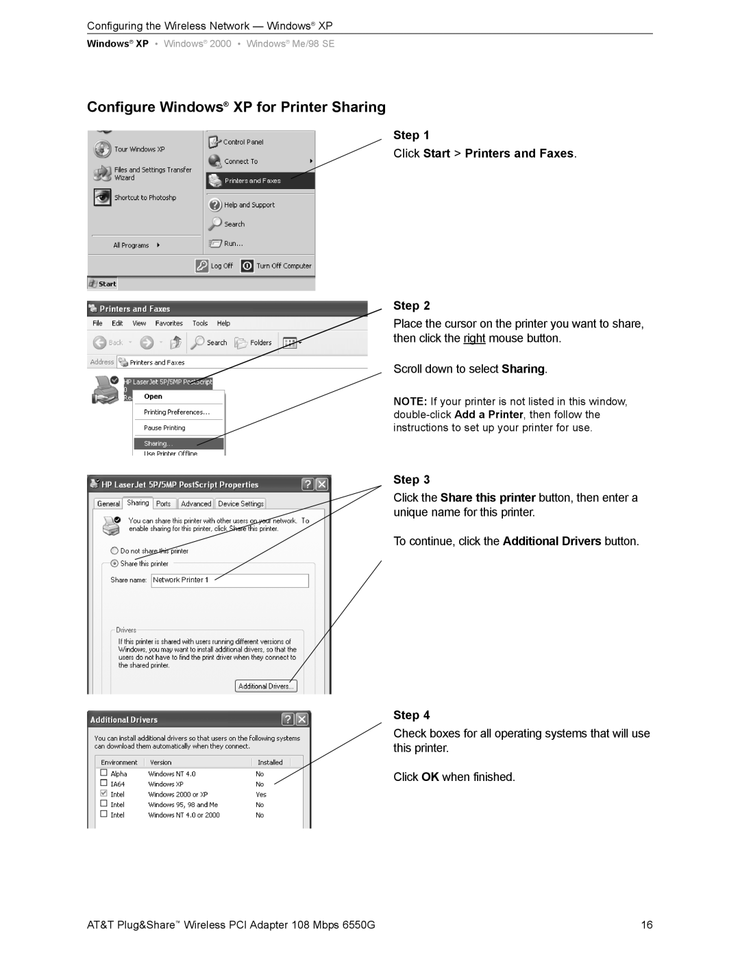 AT&T 6550G user manual Configure Windows XP for Printer Sharing, Step Click Start Printers and Faxes 