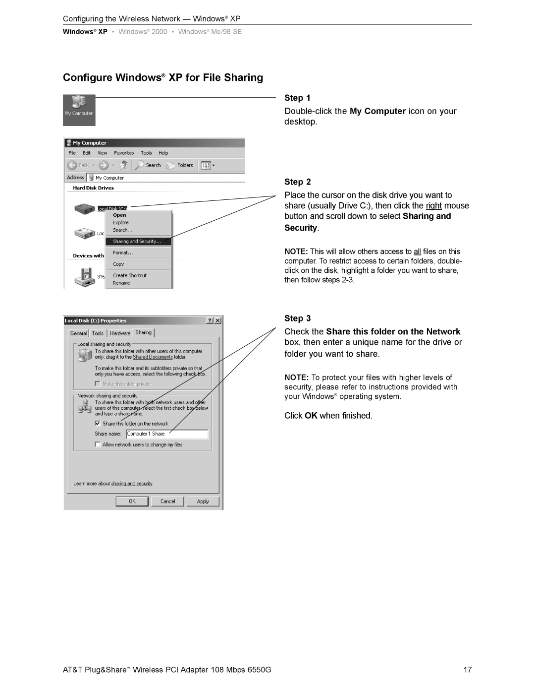 AT&T 6550G user manual Configure Windows XP for File Sharing 