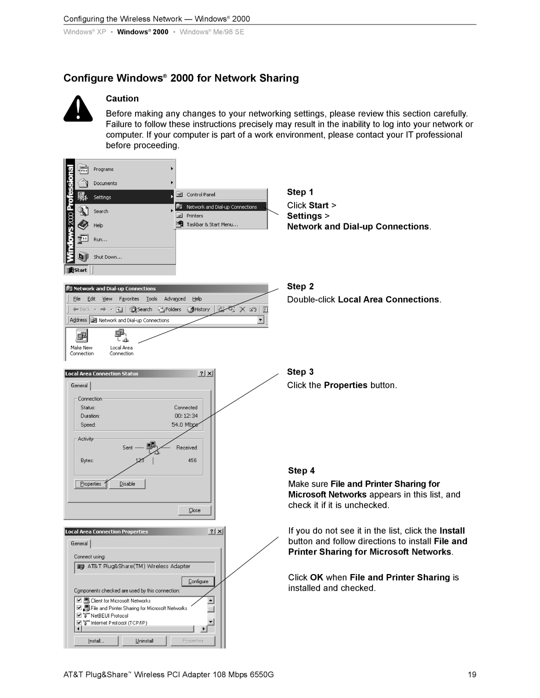 AT&T 6550G user manual Configure Windows 2000 for Network Sharing 