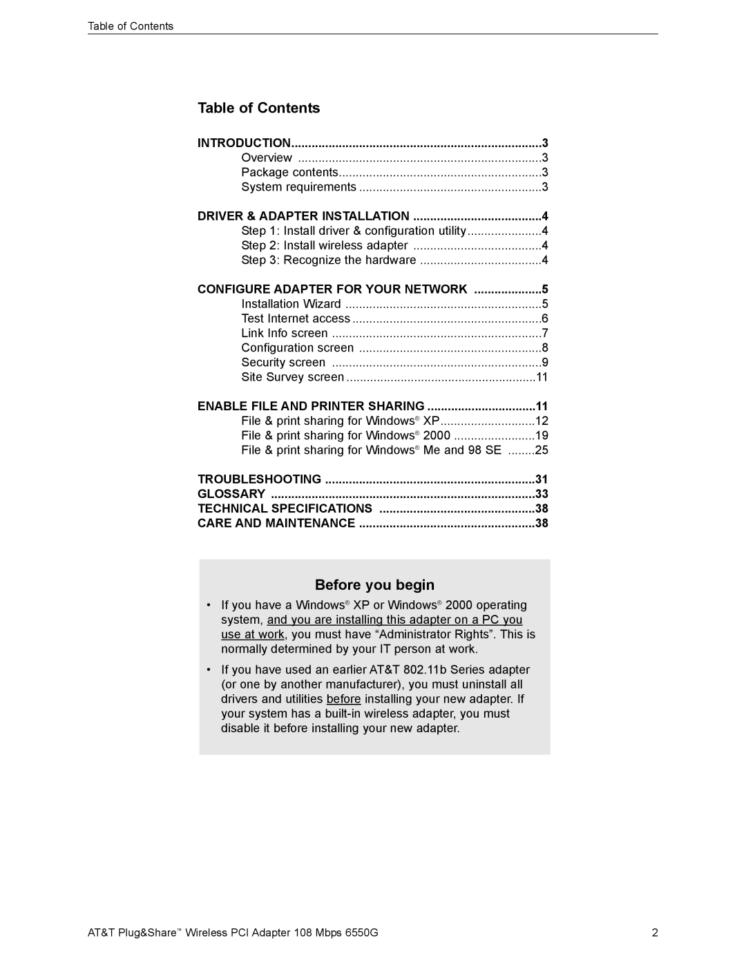 AT&T 6550G user manual Table of Contents, Before you begin 