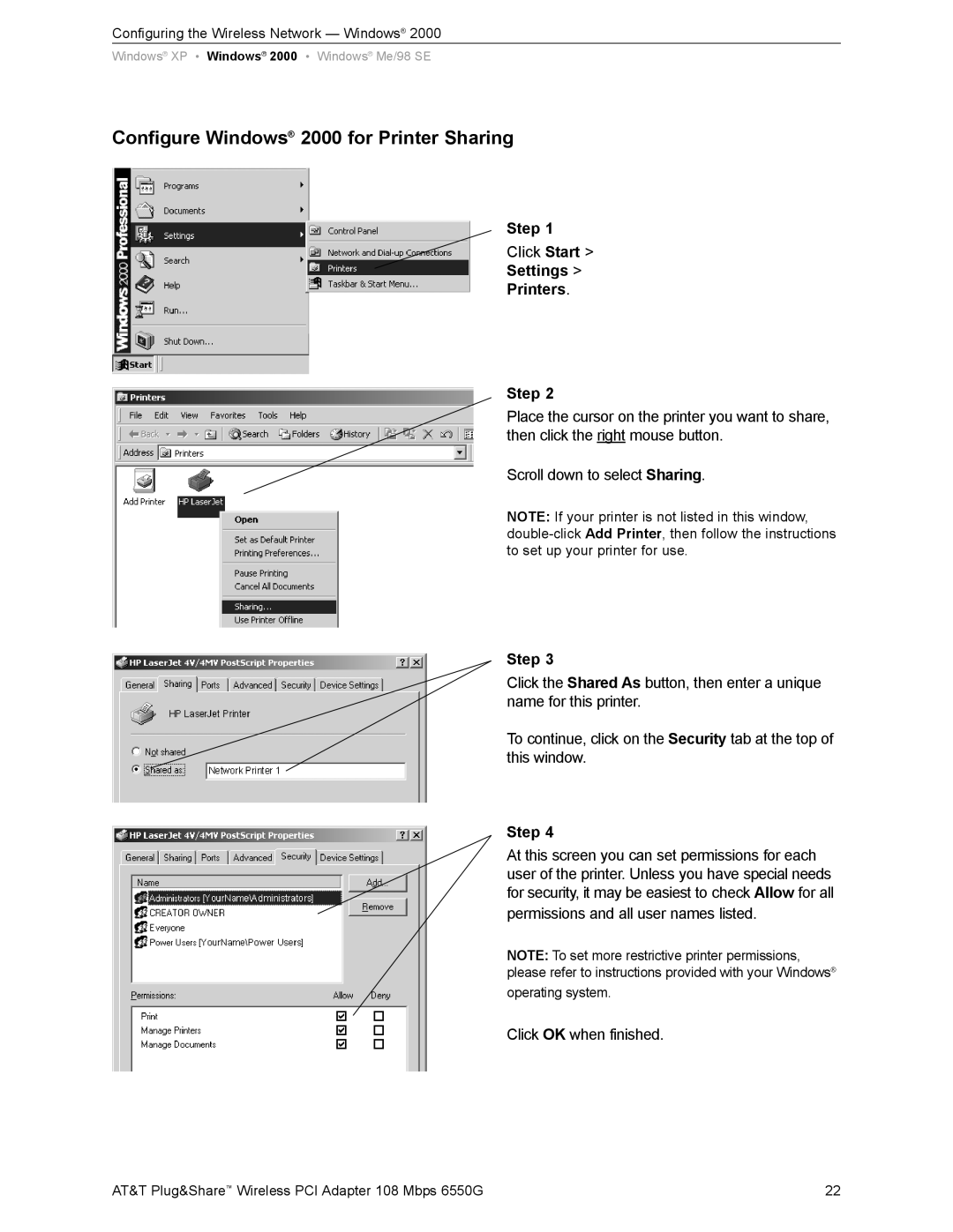 AT&T 6550G user manual Configure Windows 2000 for Printer Sharing, Settings Printers Step 