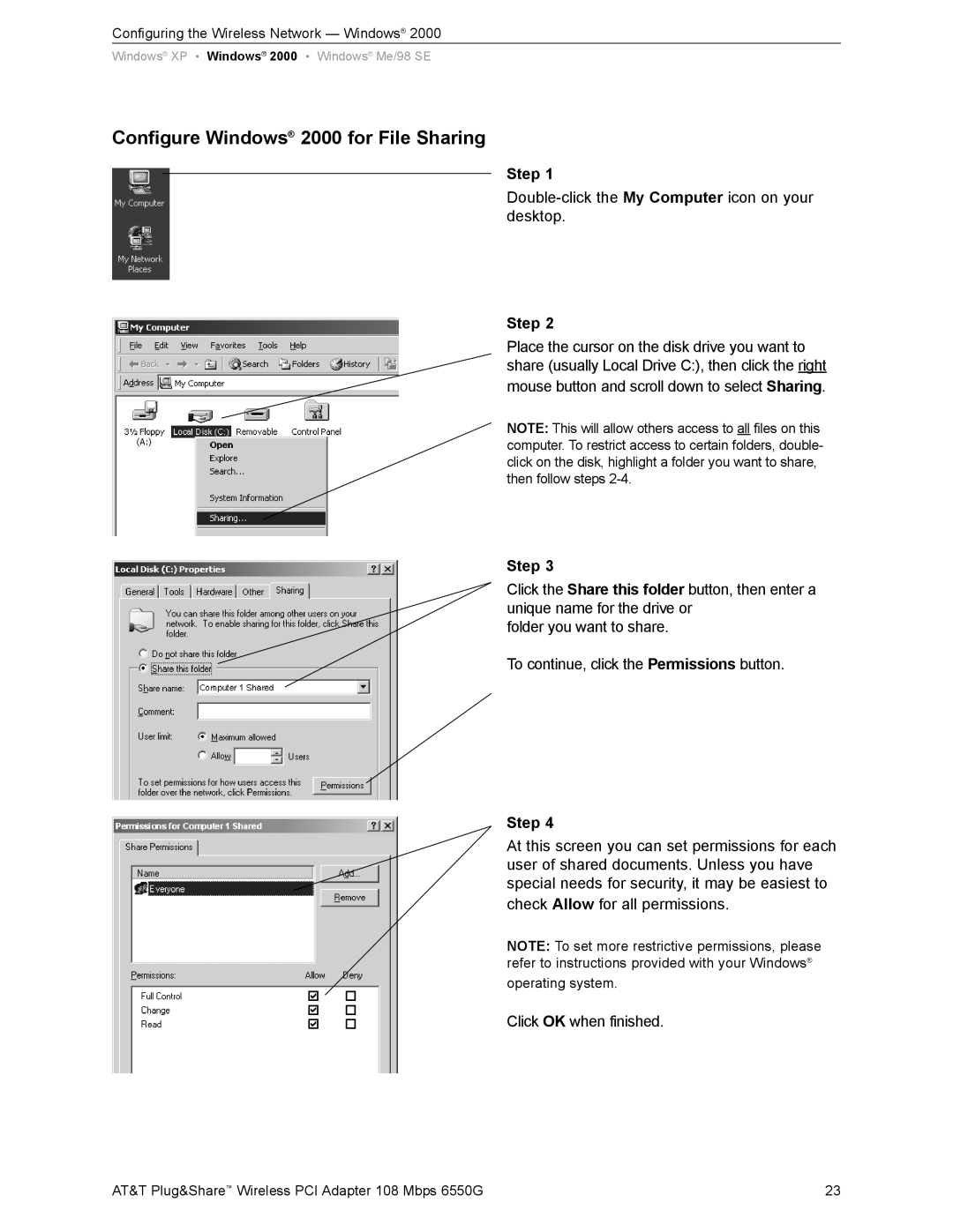 AT&T 6550G user manual Configure Windows 2000 for File Sharing 