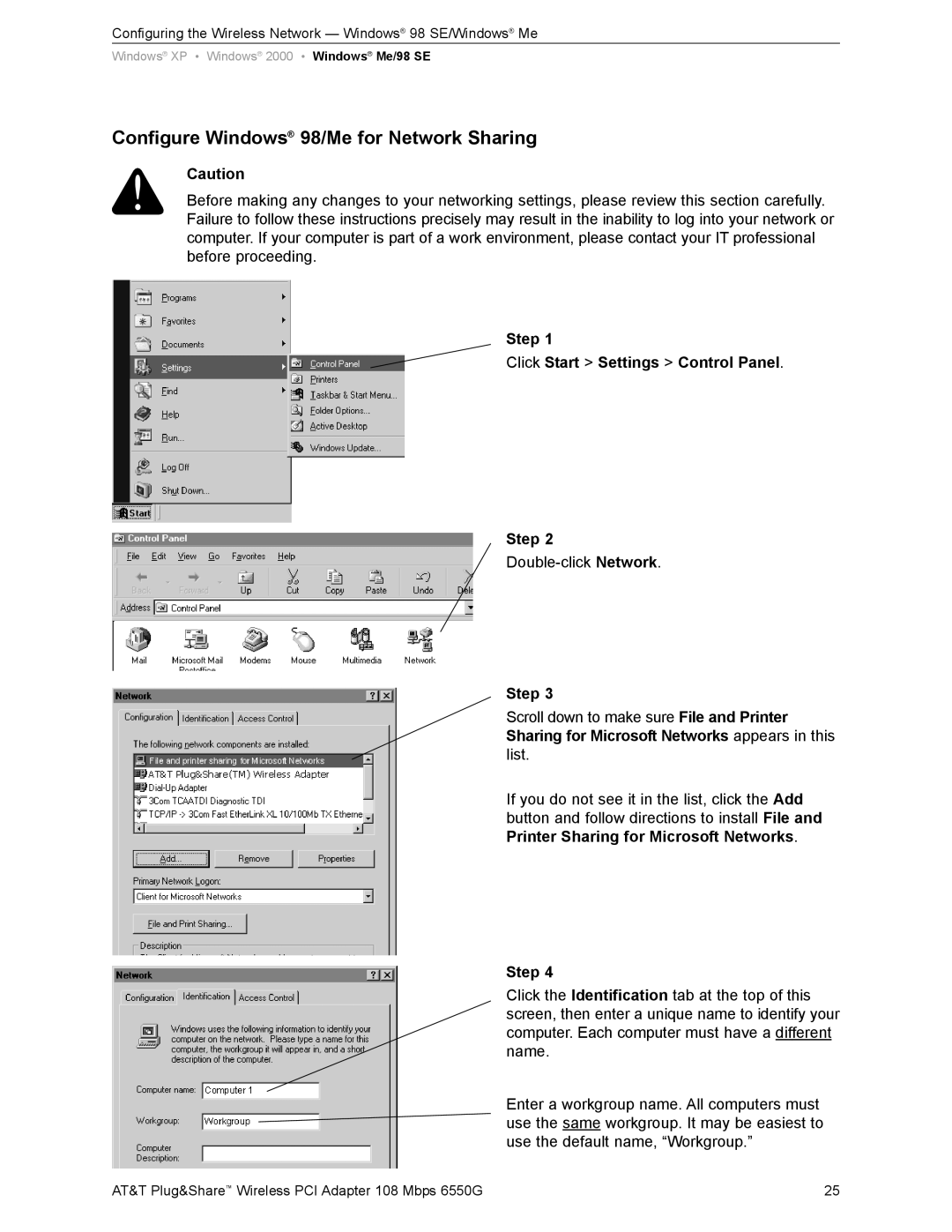 AT&T 6550G user manual Configure Windows 98/Me for Network Sharing, Step Click Start Settings Control Panel 