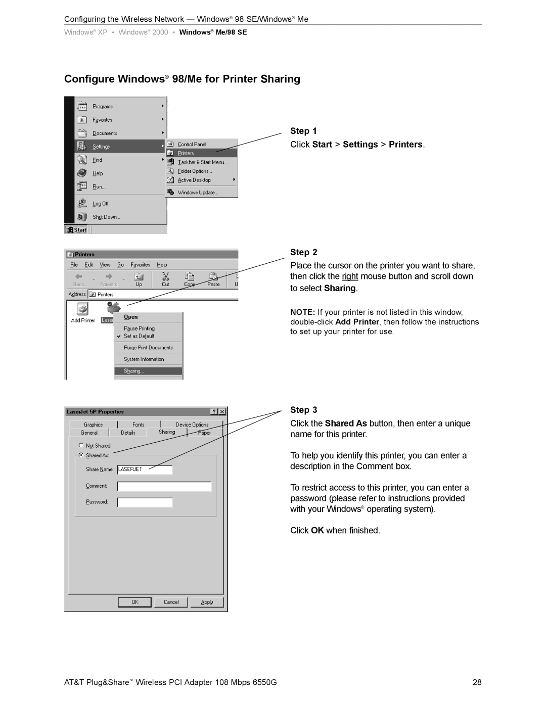 AT&T 6550G user manual Configure Windows 98/Me for Printer Sharing, Step Click Start Settings Printers 