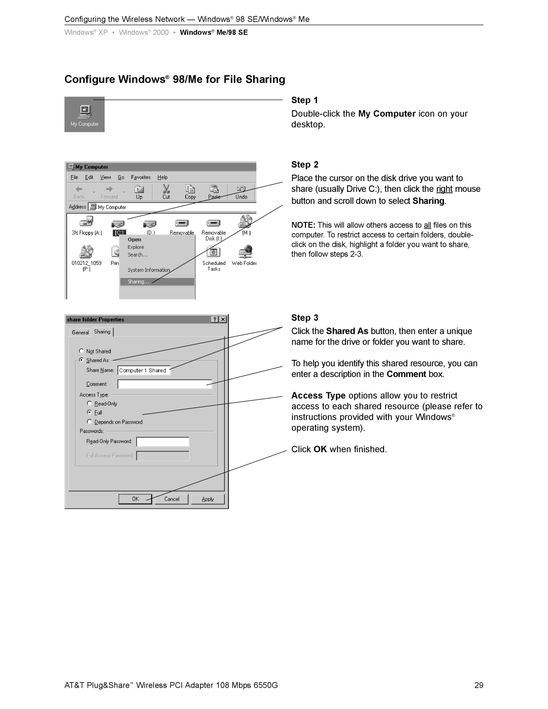 AT&T 6550G user manual Configure Windows 98/Me for File Sharing 