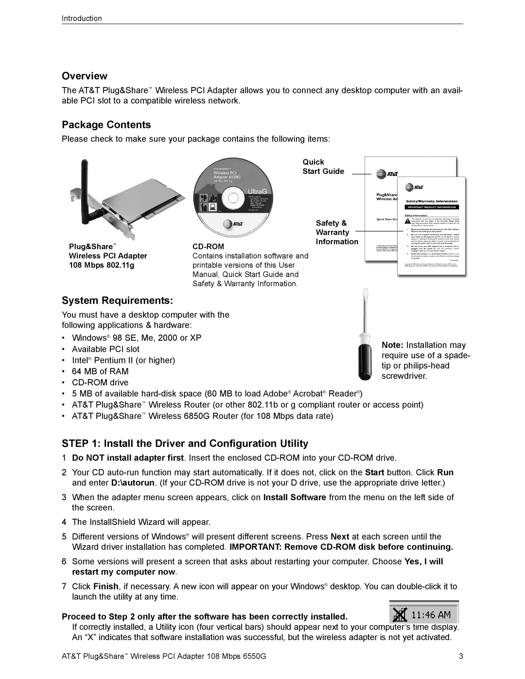 AT&T 6550G user manual Overview, Package Contents, System Requirements, Install the Driver and Configuration Utility 