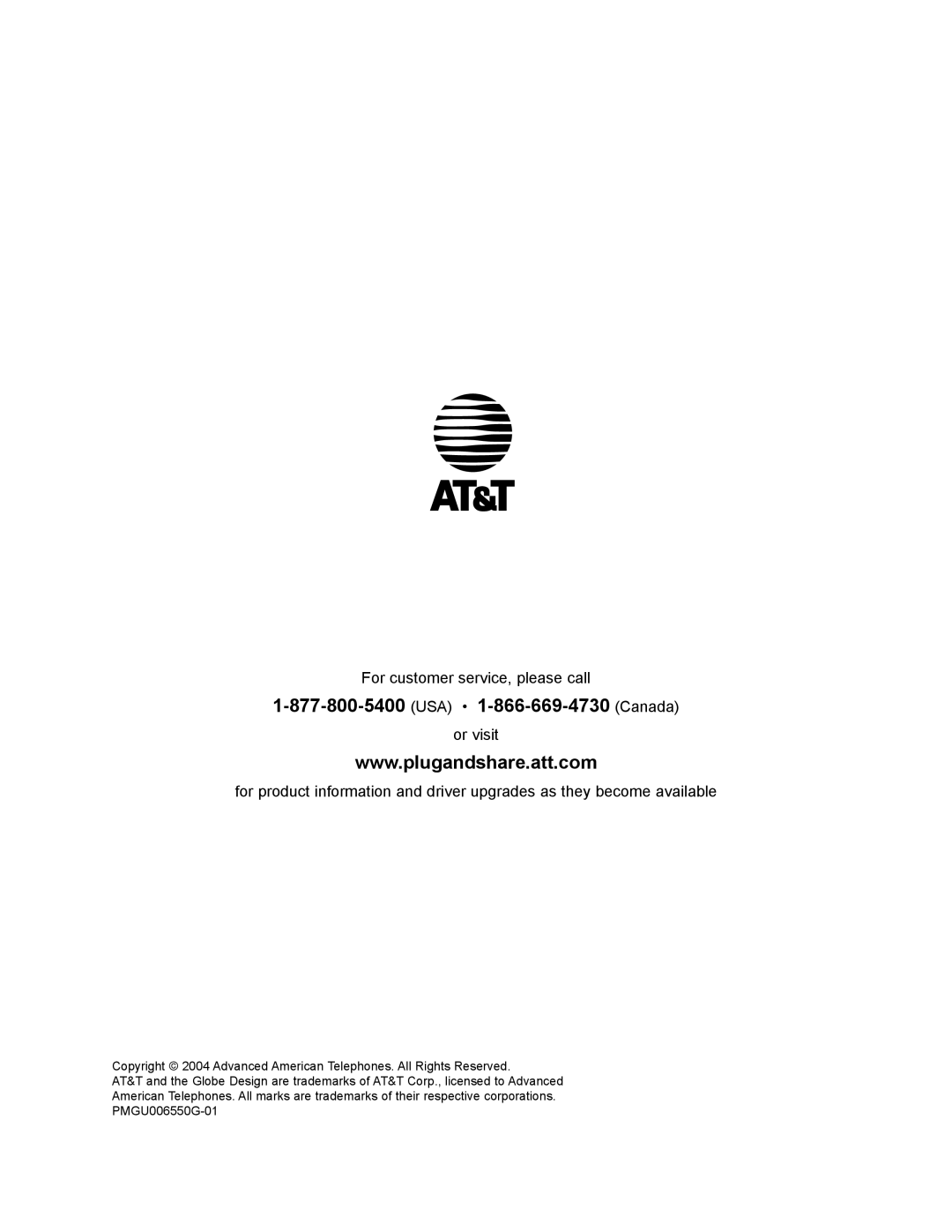 AT&T 6550G user manual USA 1-866-669-4730 Canada 