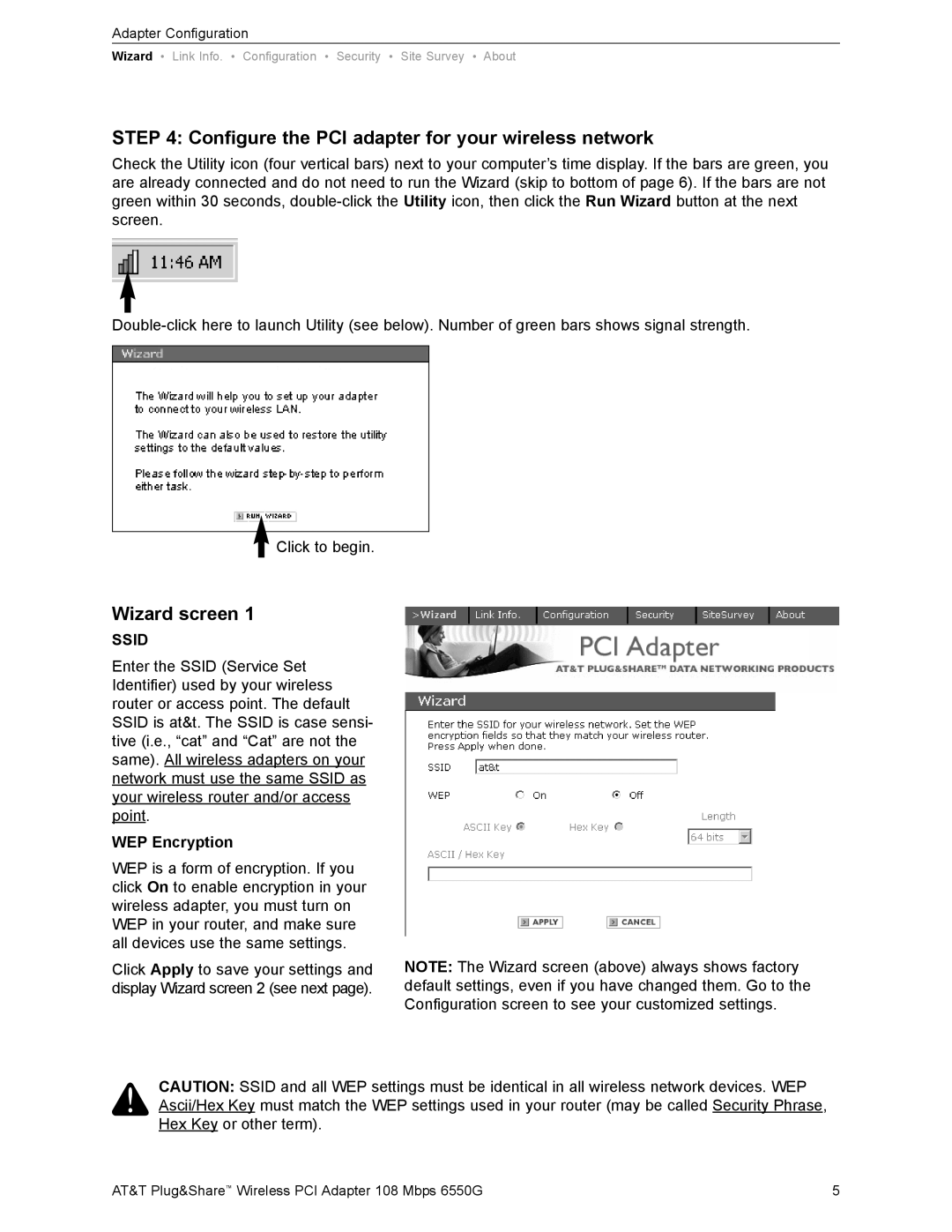 AT&T 6550G user manual Configure the PCI adapter for your wireless network, Wizard screen, Ssid, WEP Encryption 