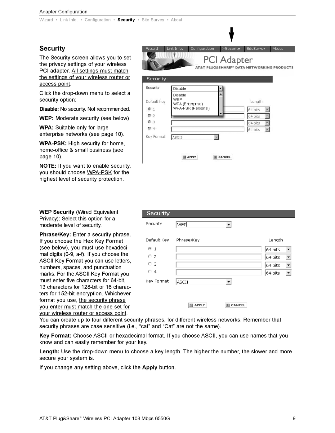 AT&T 6550G user manual Security 