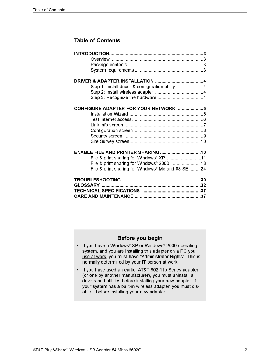 AT&T 6602G user manual Table of Contents, Before you begin 