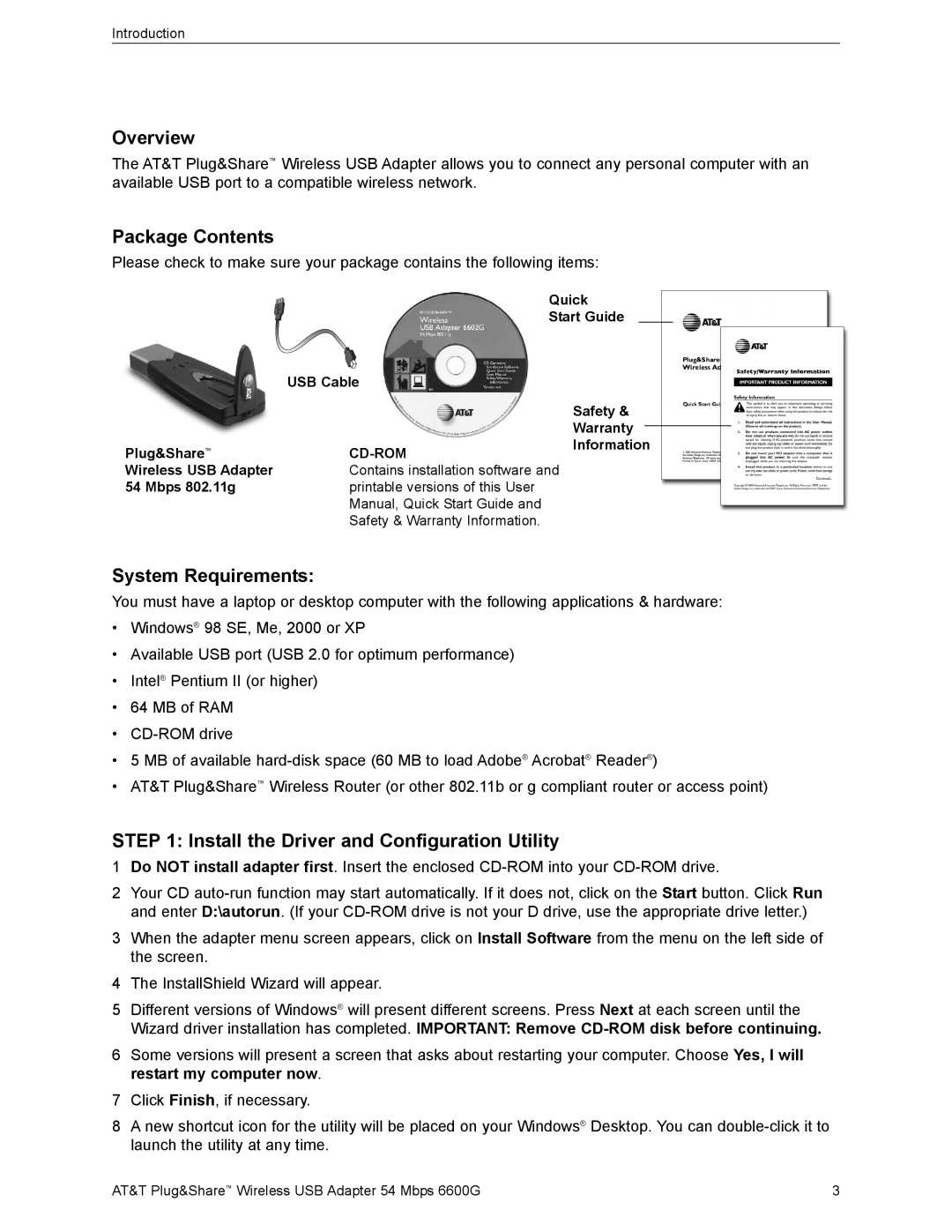 AT&T 6602G user manual Overview, Package Contents, System Requirements, Install the Driver and Configuration Utility 