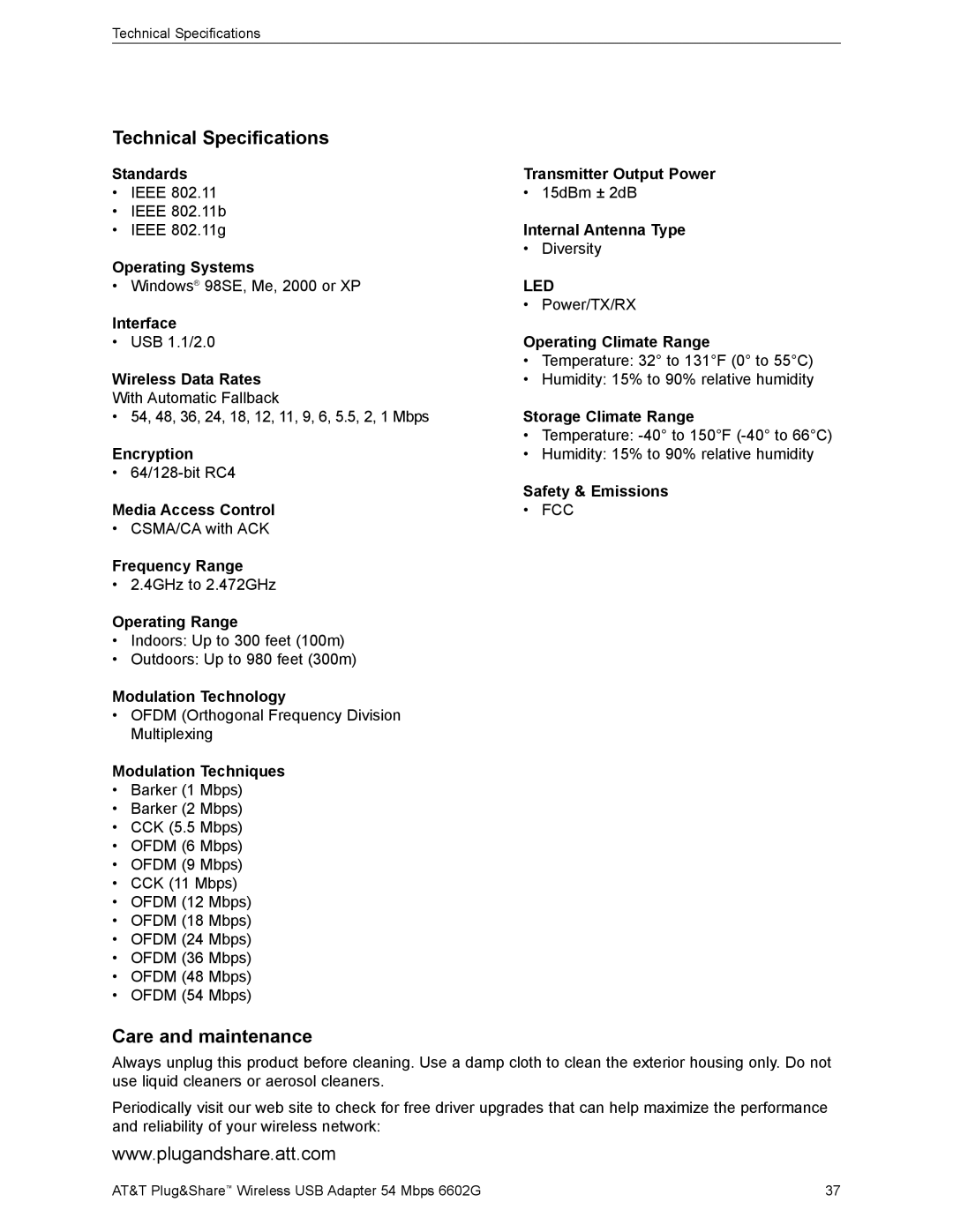 AT&T 6602G user manual Technical Specifications, Care and maintenance 