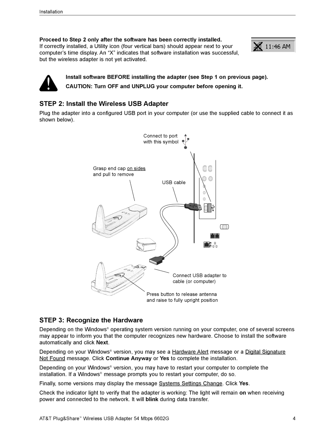 AT&T 6602G user manual Install the Wireless USB Adapter, Recognize the Hardware 