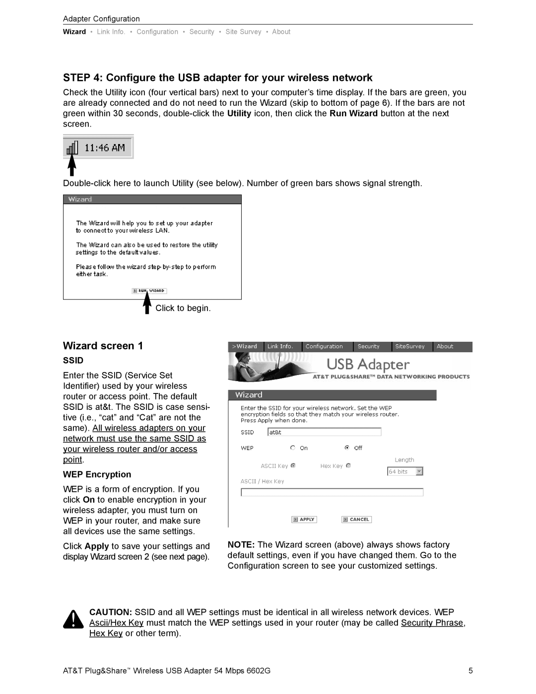 AT&T 6602G user manual Configure the USB adapter for your wireless network, Wizard screen, Ssid, WEP Encryption 