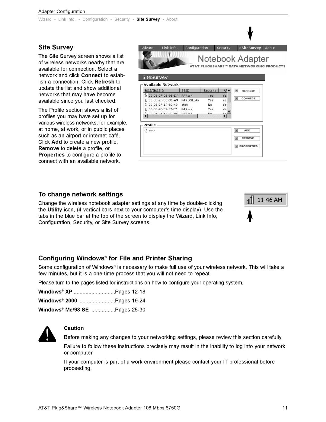 AT&T 6750G Site Survey, To change network settings, Configuring Windows for File and Printer Sharing, Windows Me/98 SE 