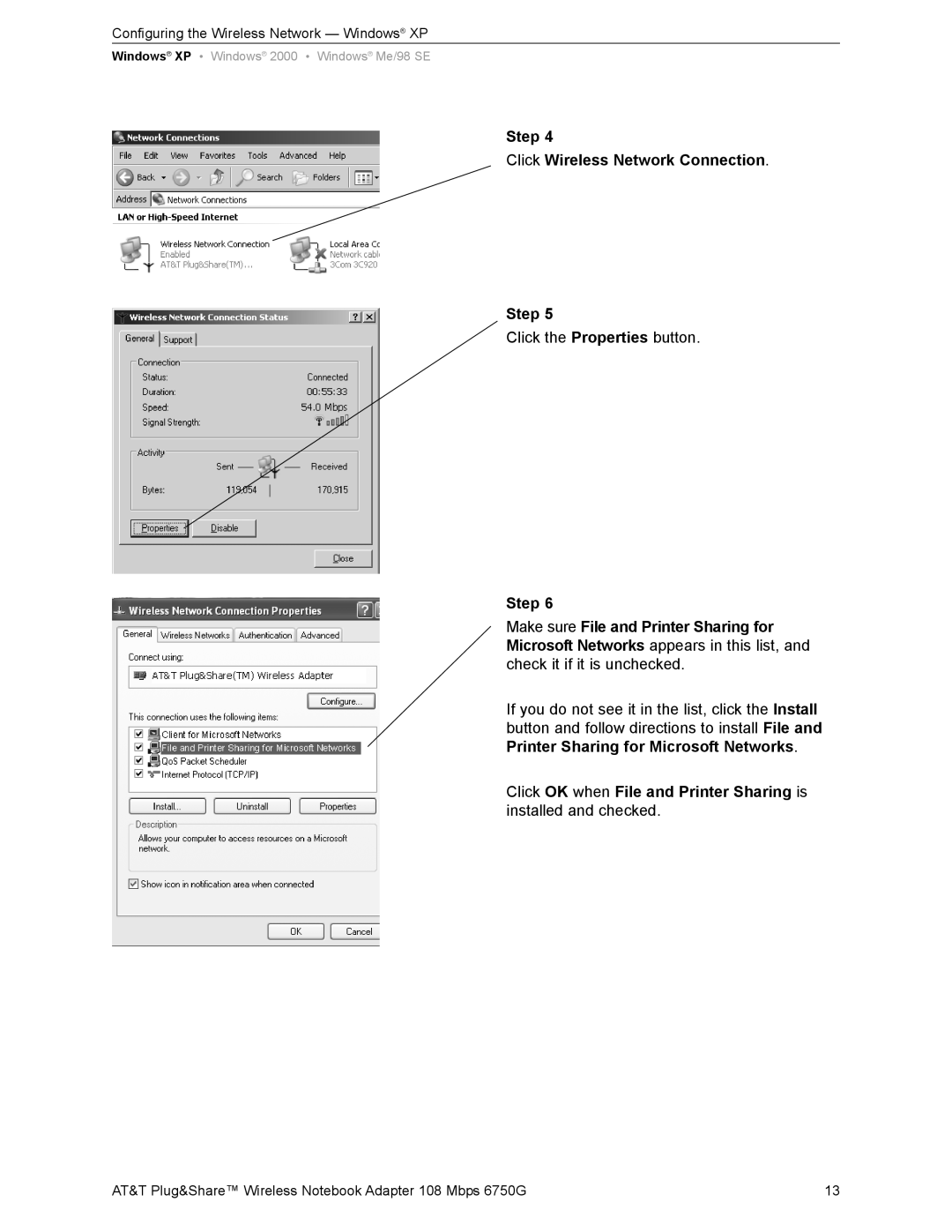 AT&T 6750G user manual Step Click Wireless Network Connection 