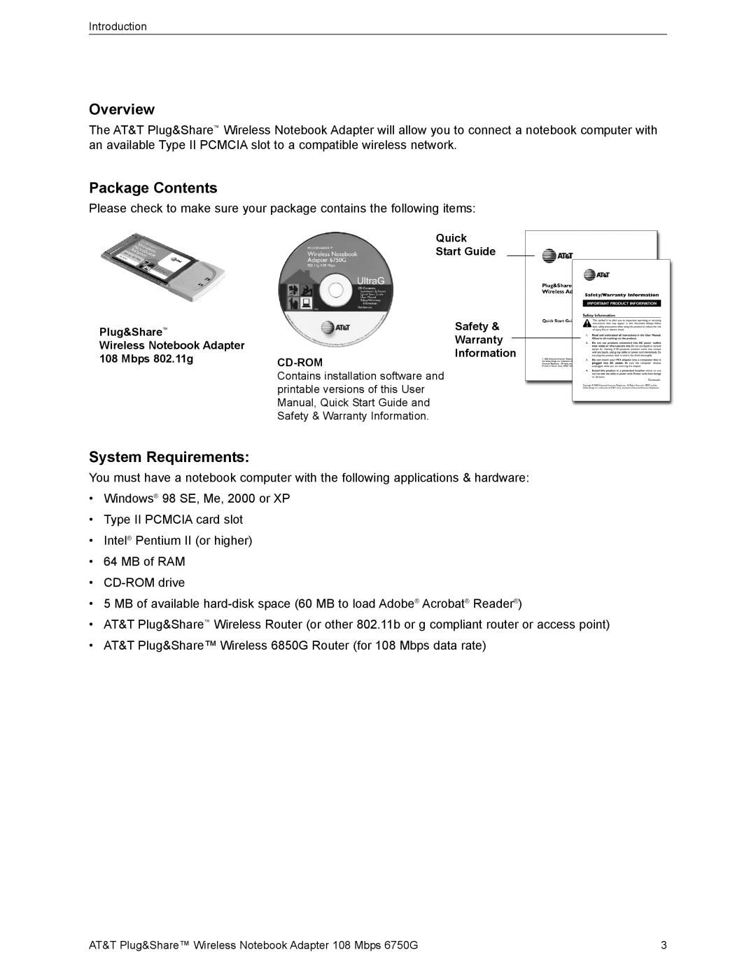 AT&T 6750G user manual Overview, Package Contents, System Requirements 