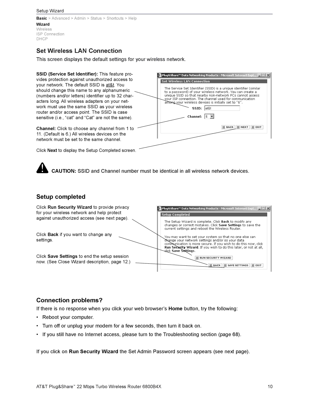 AT&T 6800B4X user manual Set Wireless LAN Connection, Setup completed, Connection problems? 