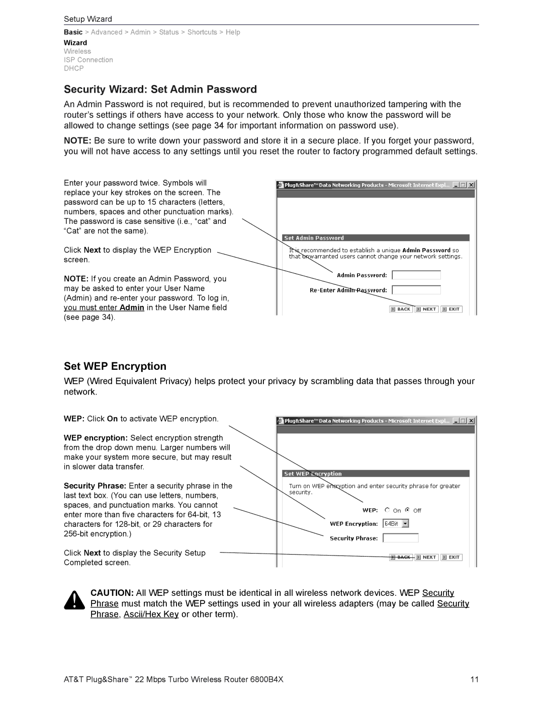 AT&T 6800B4X user manual Security Wizard Set Admin Password, Set WEP Encryption 