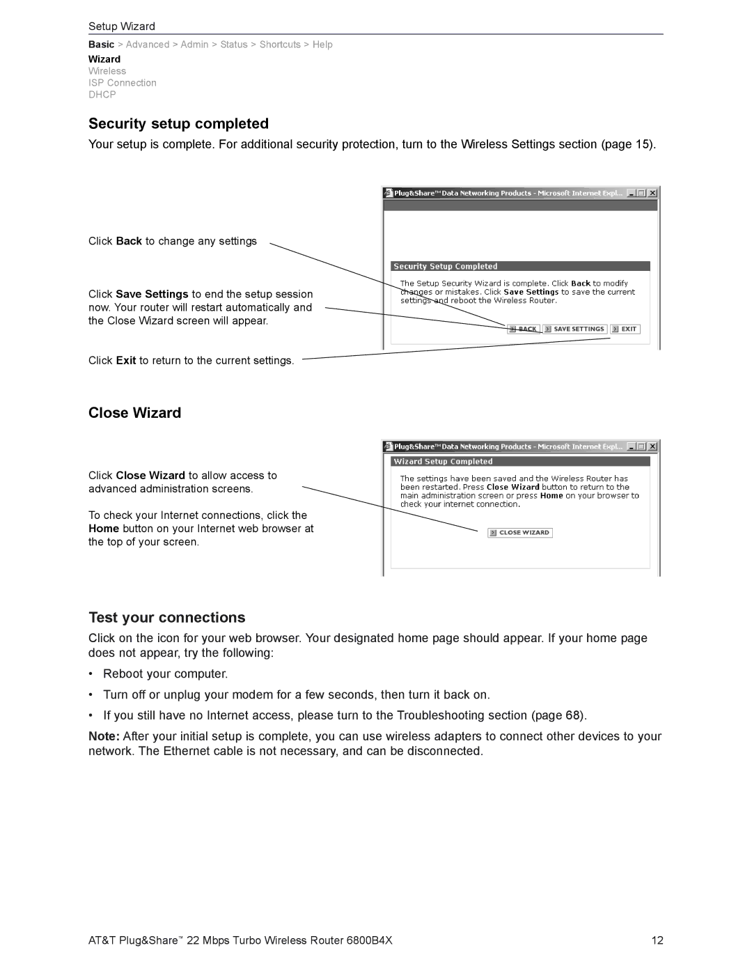 AT&T 6800B4X user manual Security setup completed, Close Wizard, Test your connections 