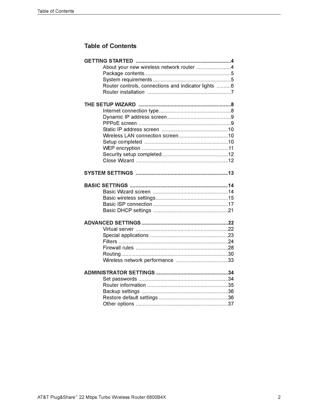 AT&T 6800B4X user manual Table of Contents 