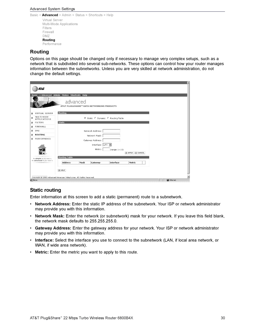 AT&T 6800B4X user manual Routing, Static routing 