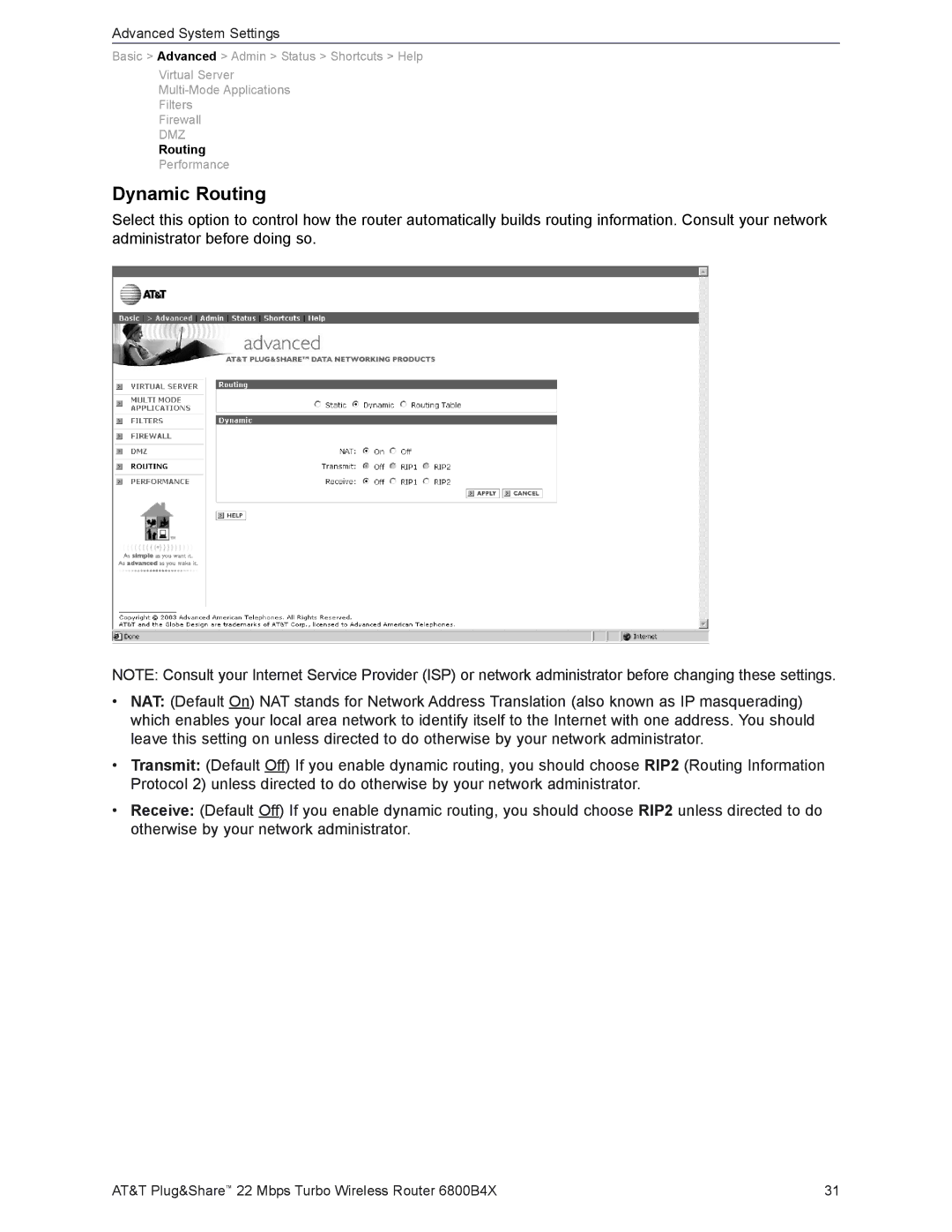 AT&T 6800B4X user manual Dynamic Routing 