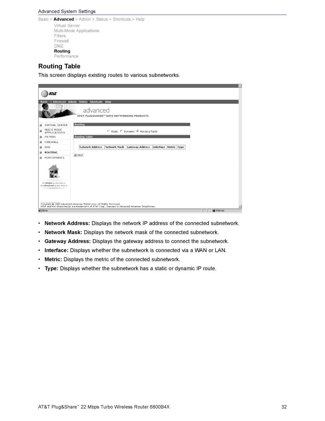 AT&T 6800B4X user manual Routing Table 