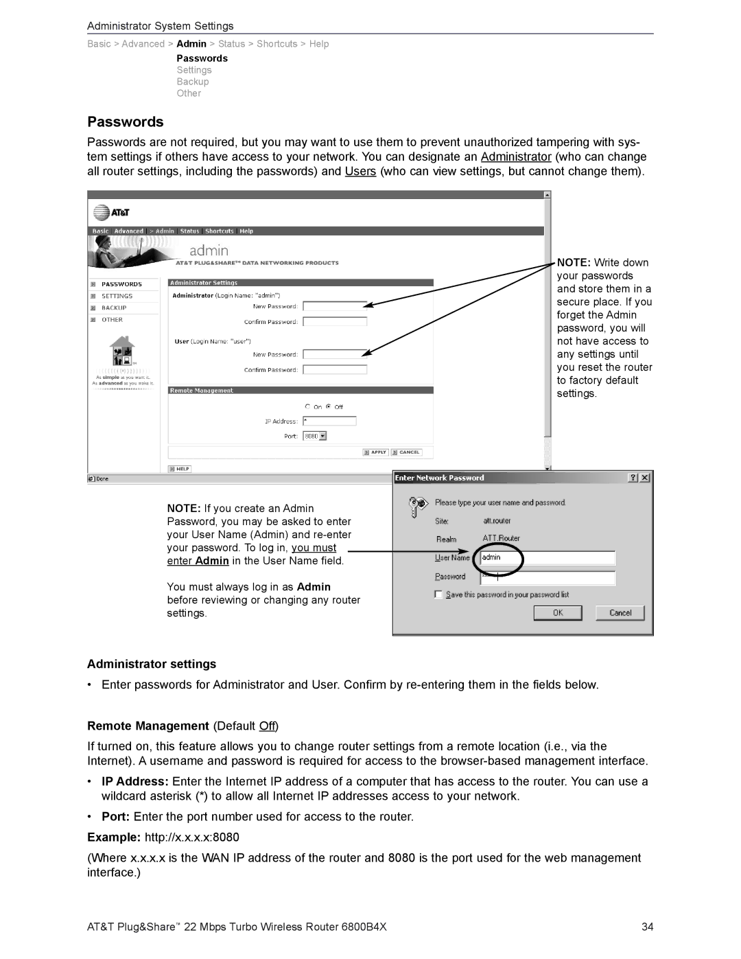 AT&T 6800B4X user manual Passwords, Administrator settings, Remote Management Default Off 