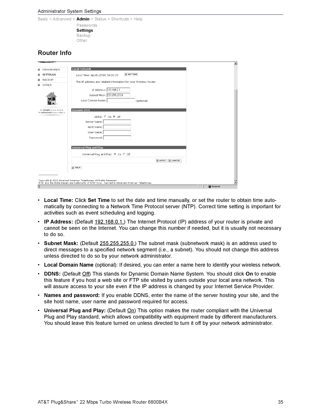 AT&T 6800B4X user manual Router Info 