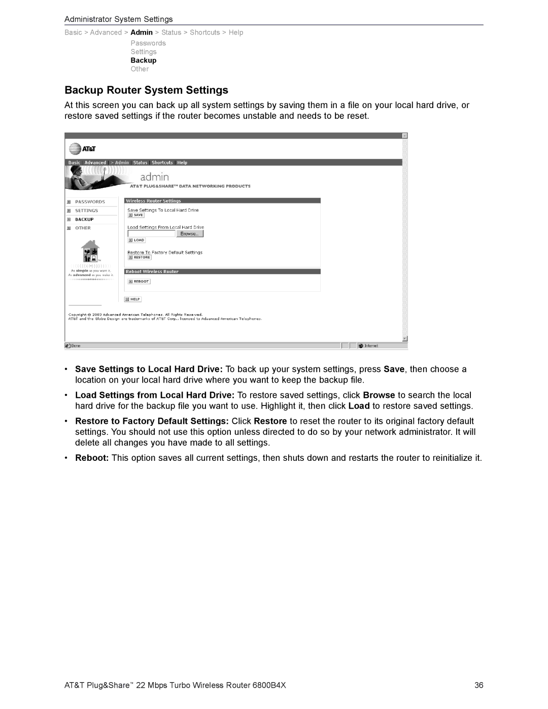 AT&T 6800B4X user manual Backup Router System Settings 