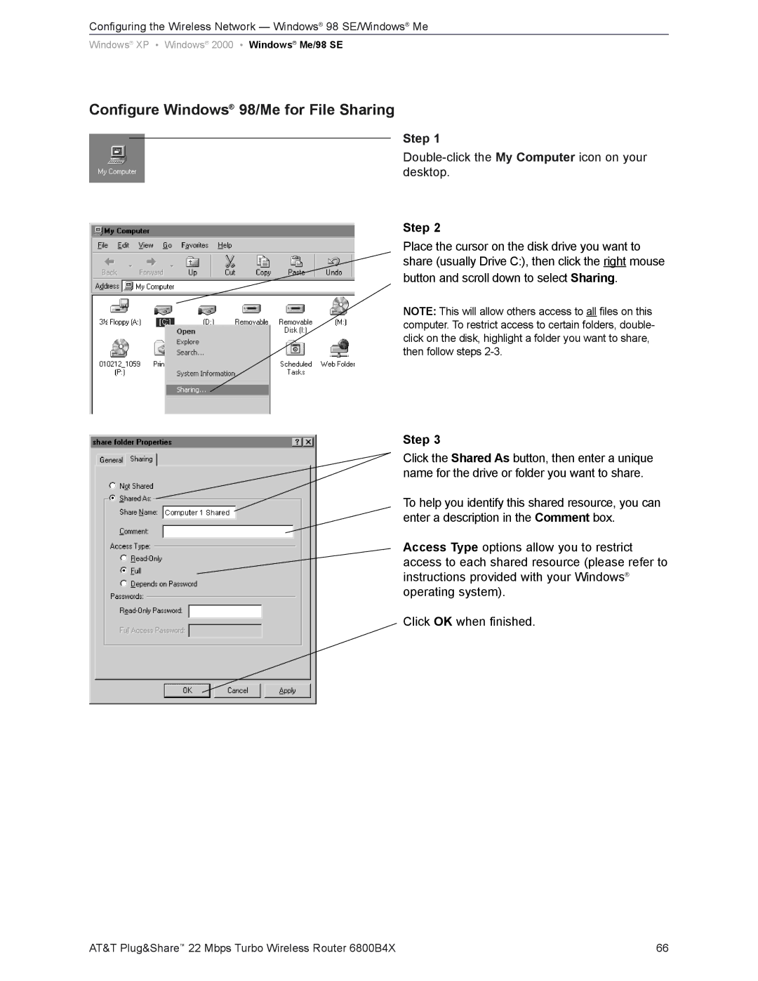 AT&T 6800B4X user manual Configure Windows 98/Me for File Sharing 