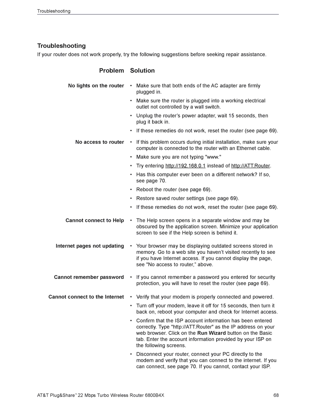 AT&T 6800B4X user manual Troubleshooting, Problem Solution 