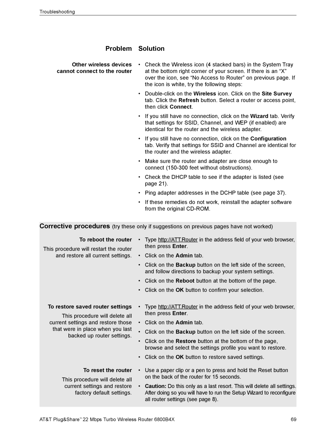 AT&T 6800B4X Other wireless devices, Cannot connect to the router, To reboot the router, To restore saved router settings 
