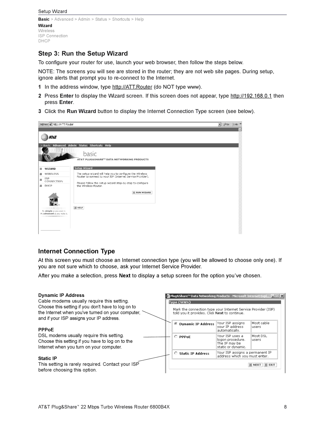 AT&T 6800B4X user manual Run the Setup Wizard, Internet Connection Type 