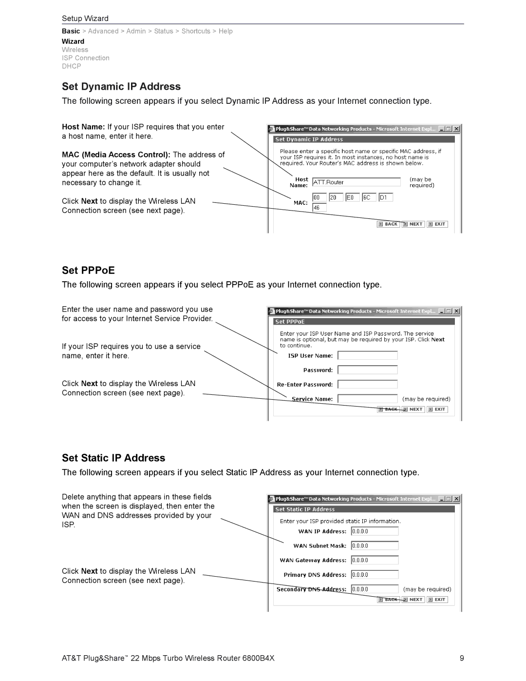 AT&T 6800B4X user manual Set Dynamic IP Address, Set PPPoE, Set Static IP Address 