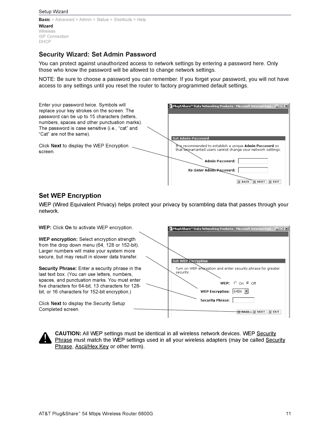 AT&T 6800G user manual Security Wizard Set Admin Password, Set WEP Encryption 