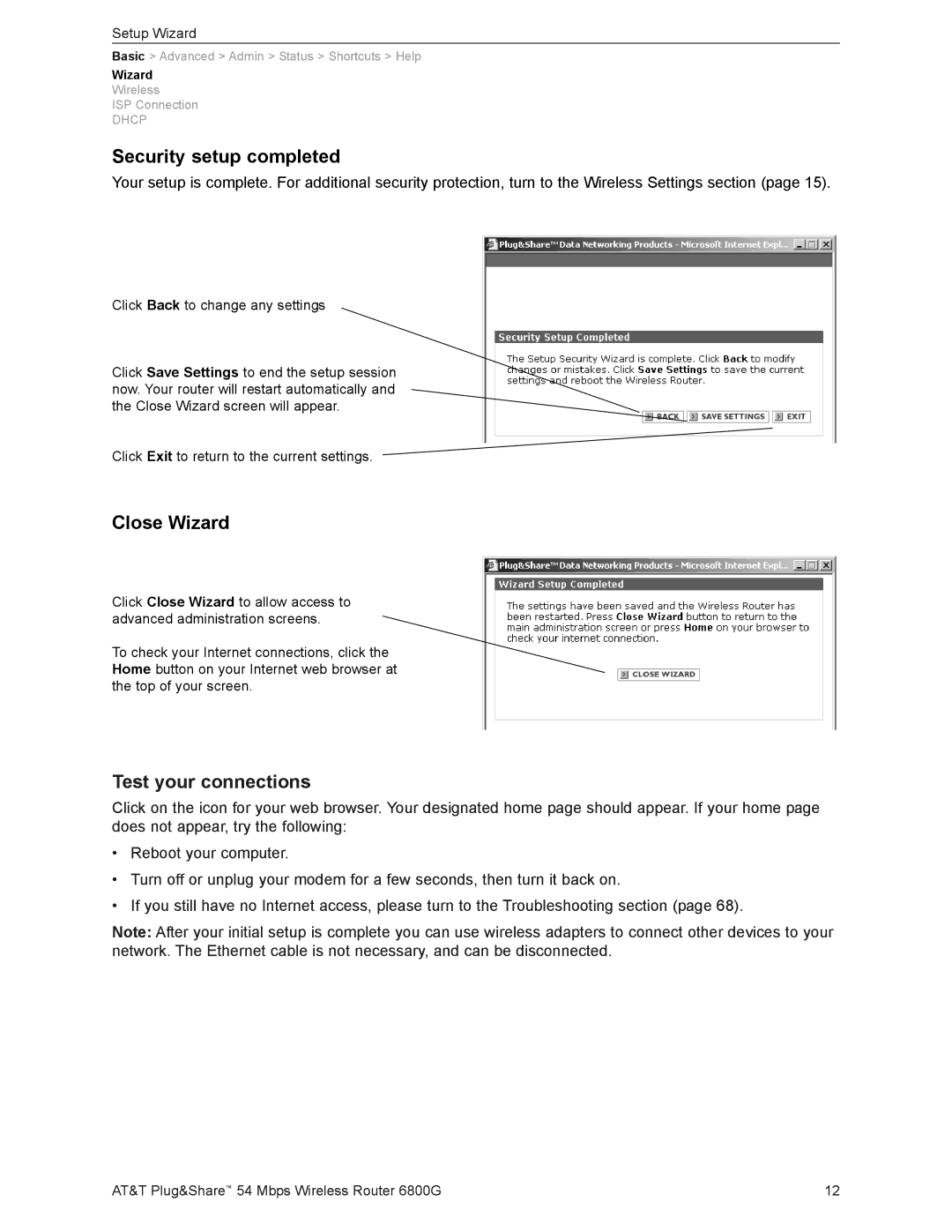 AT&T 6800G user manual Security setup completed, Close Wizard, Test your connections 