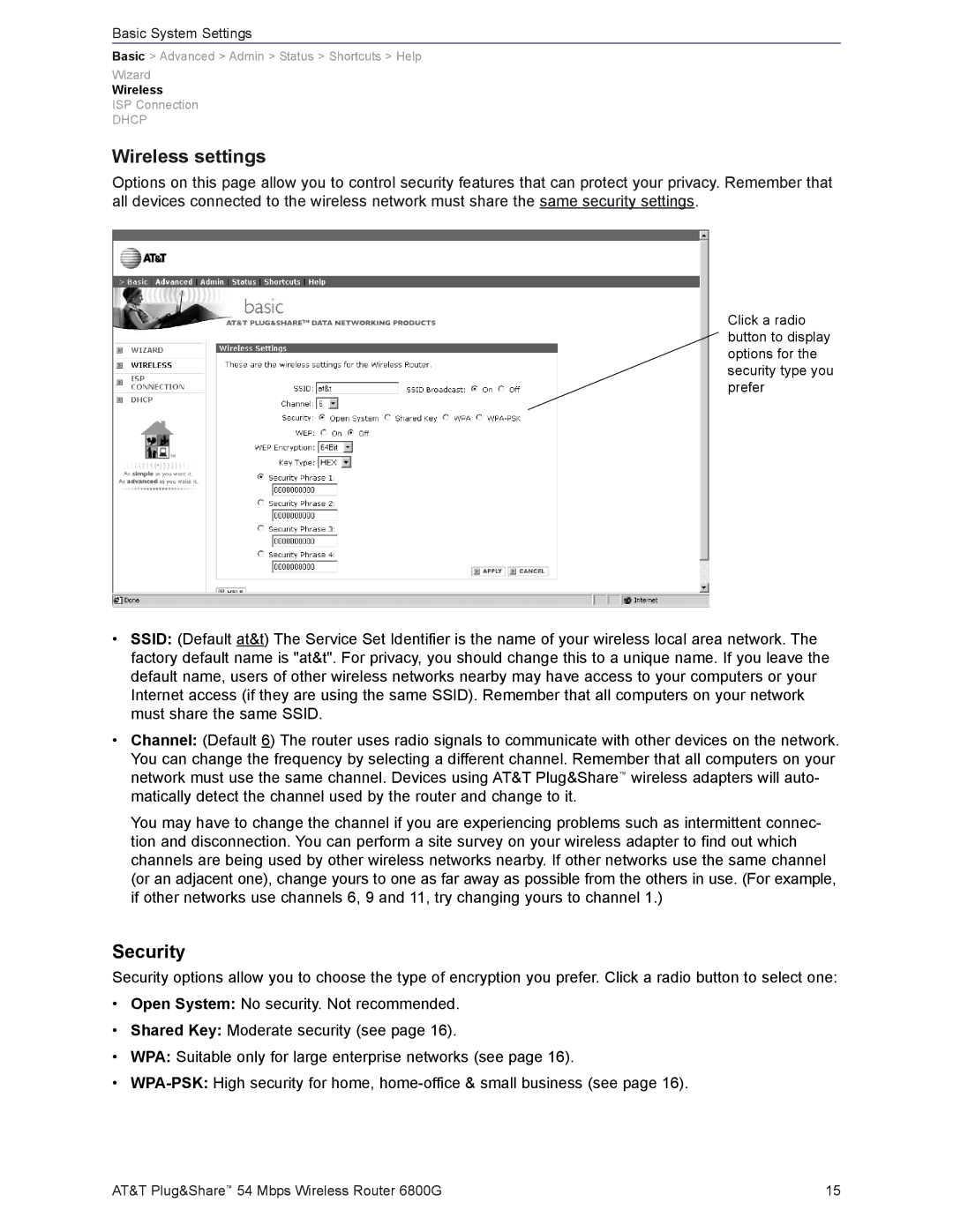 AT&T 6800G user manual Wireless settings, Security 