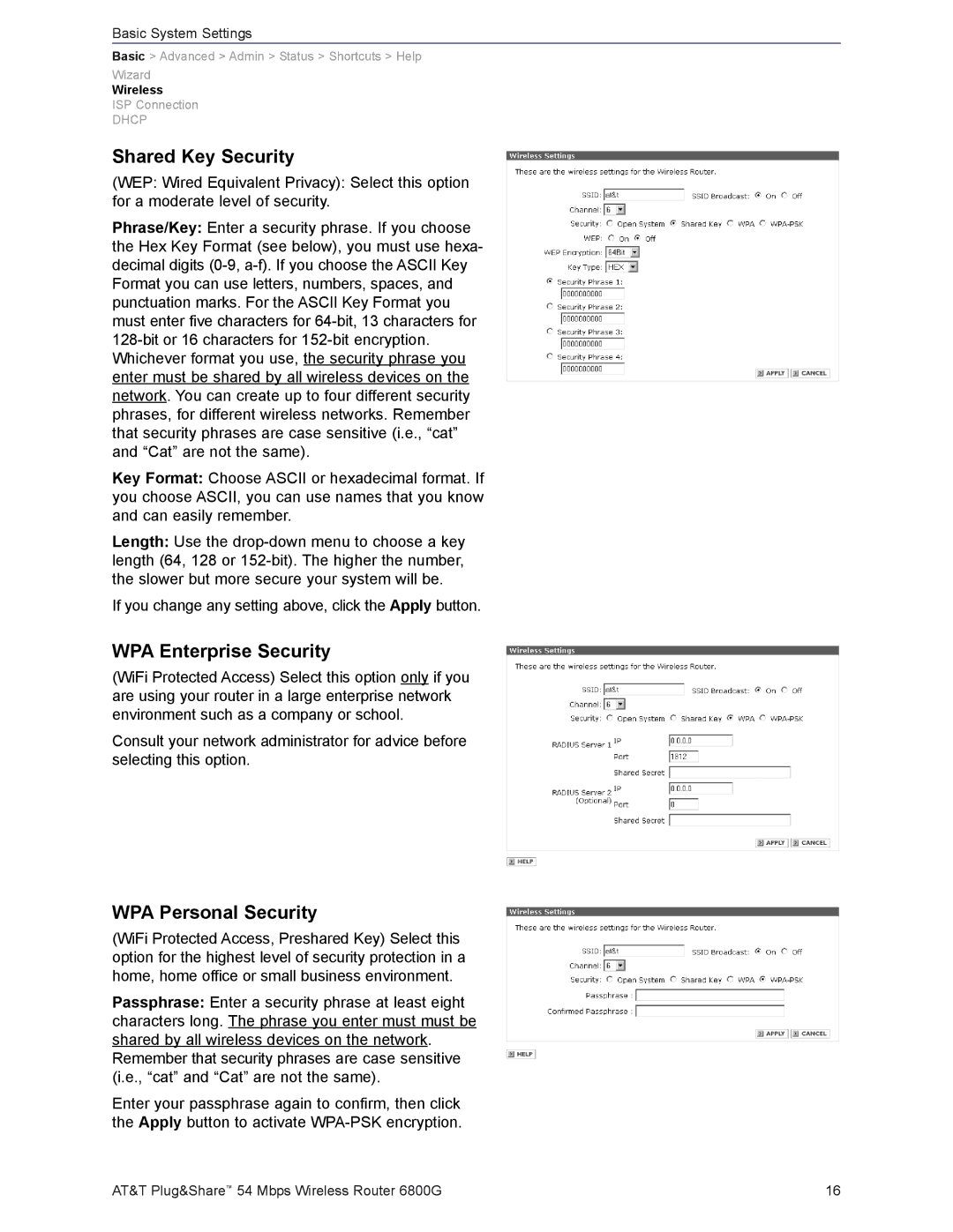 AT&T 6800G user manual Shared Key Security, WPA Enterprise Security, WPA Personal Security 