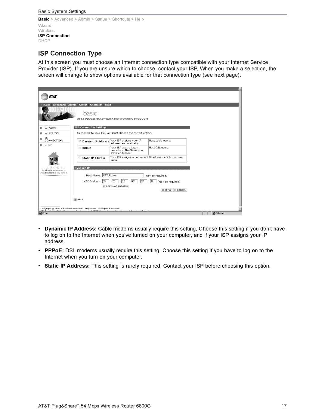 AT&T 6800G user manual ISP Connection Type 