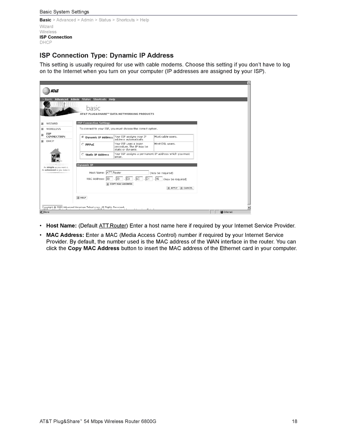 AT&T 6800G user manual ISP Connection Type Dynamic IP Address 