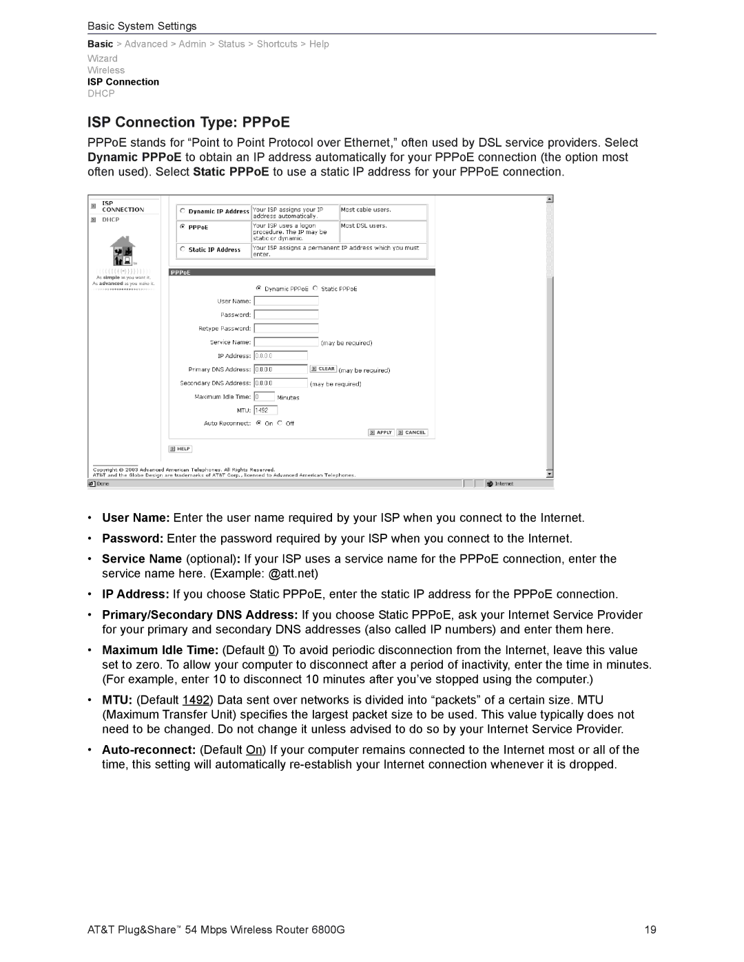 AT&T 6800G user manual ISP Connection Type PPPoE 