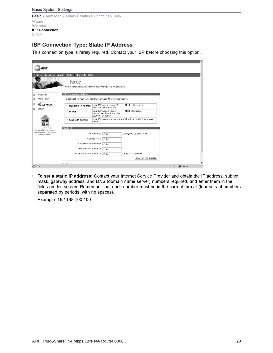 AT&T 6800G user manual ISP Connection Type Static IP Address 